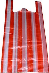 Sacchetto di acquisto in plastica con striscia, rosso e bianco