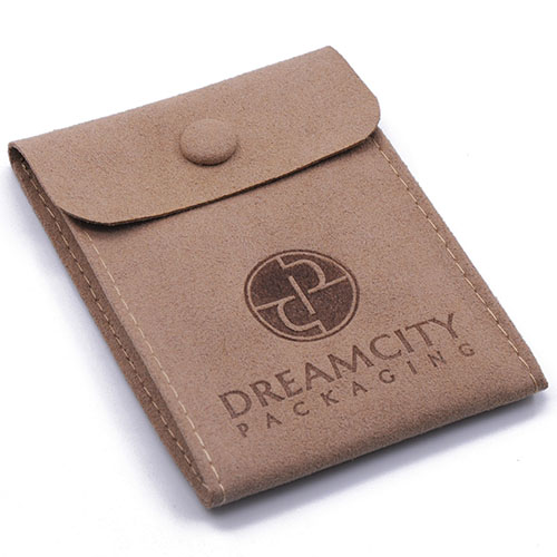 Microfiber Jewelry Pouch Gusseted Suede Leather Snap Bag with Custom Debossed Logo