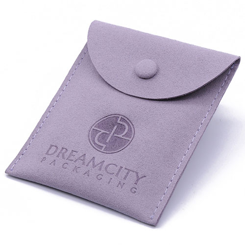 Bolsa para joyas de cuero de microfibra con botón a presión y logotipo grabado