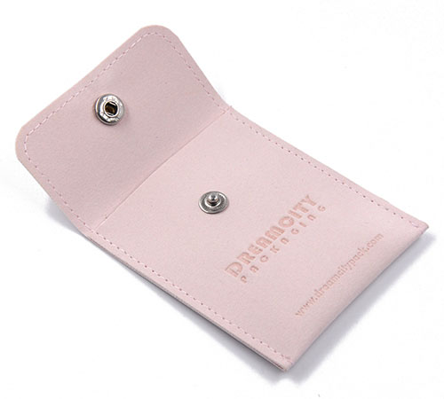 Bolsa de joias personalizada em couro de microfibra espessa com botão de pressão e logotipo gravado