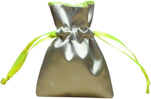 Silver satin bag with grass green lining, with ribbon drawstring.