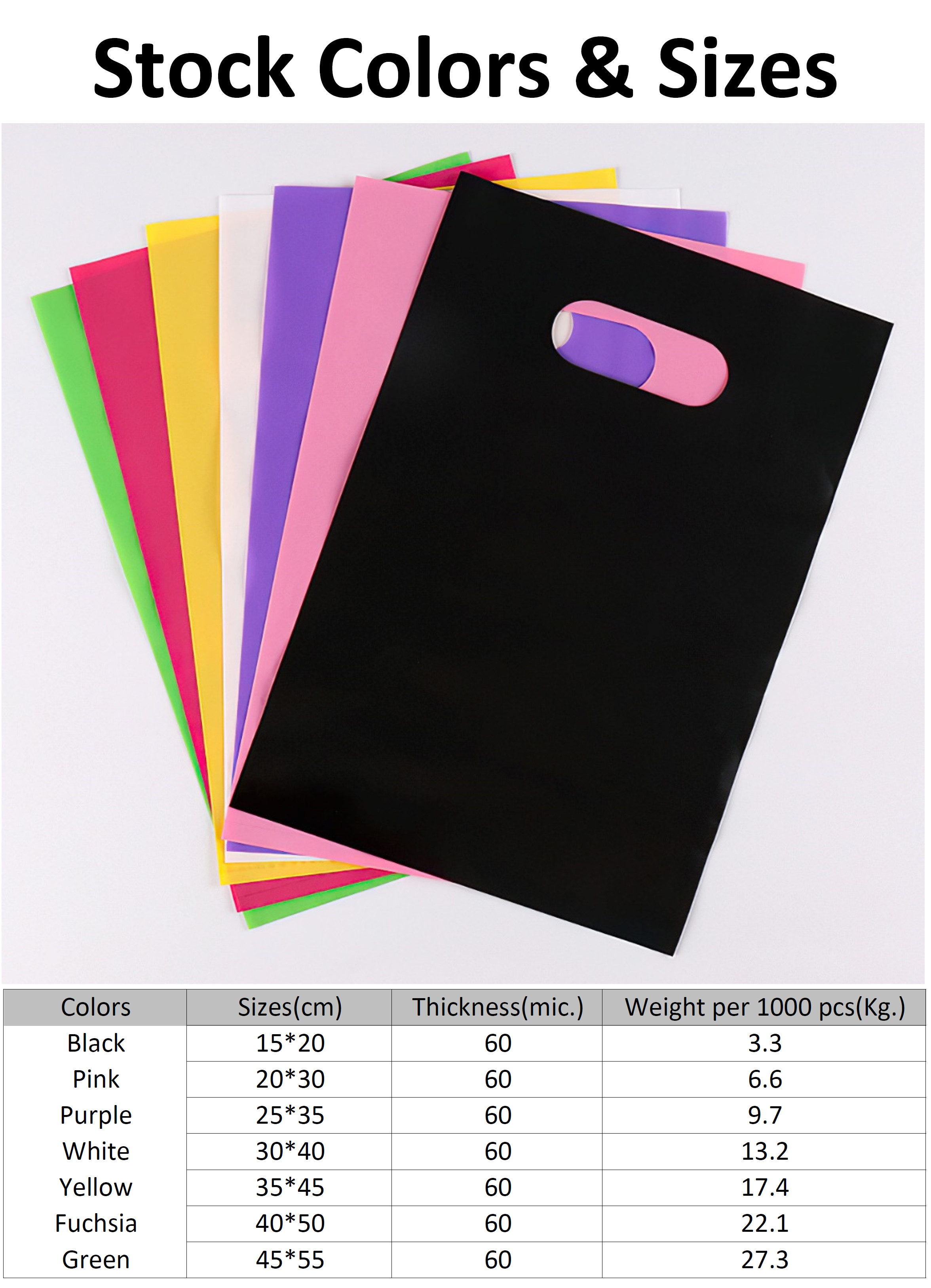 PE punched hole die-cut carrier bag stock sizes and colors