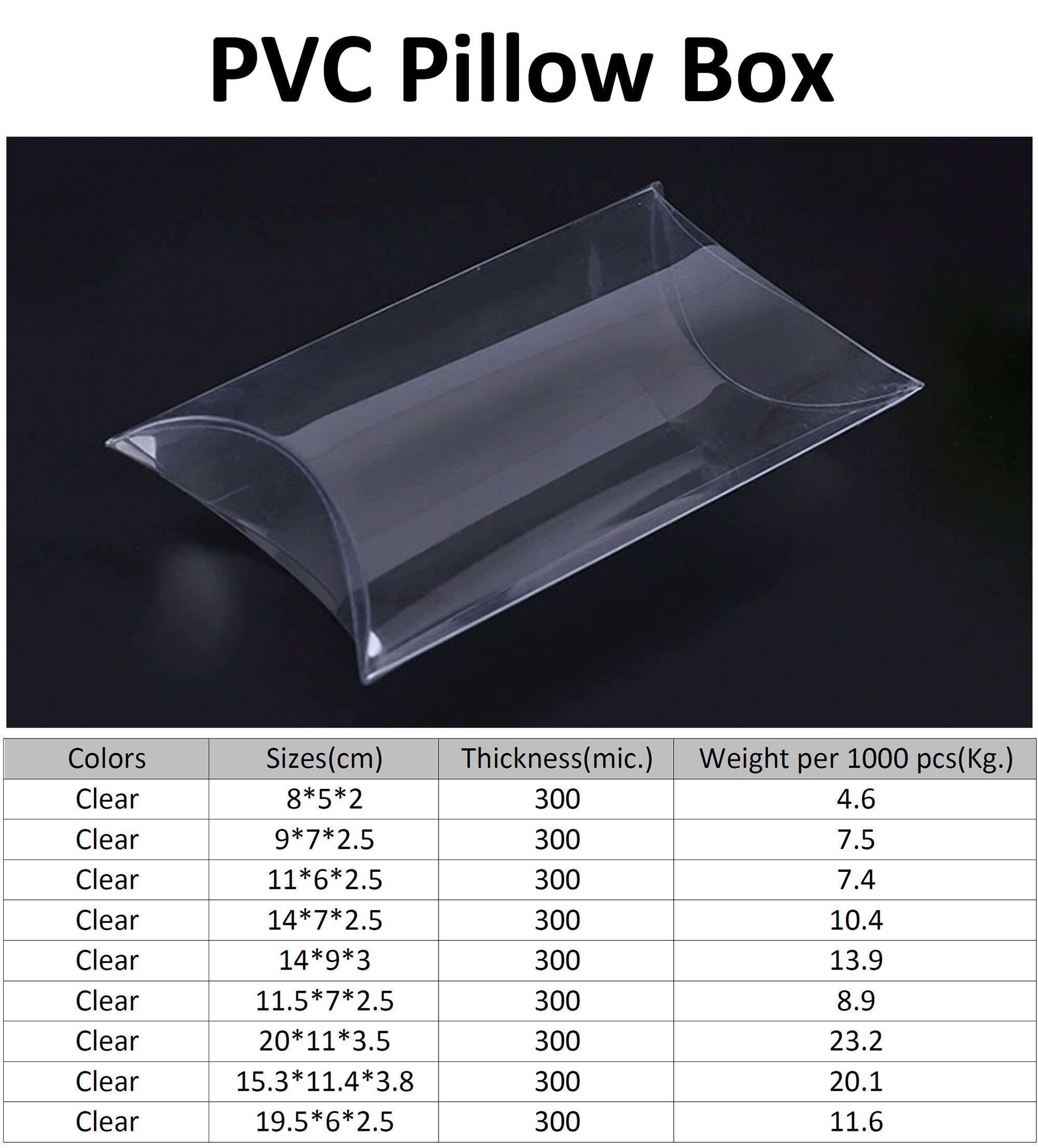 Tamanhos e cores disponíveis para caixas de almofada em PVC