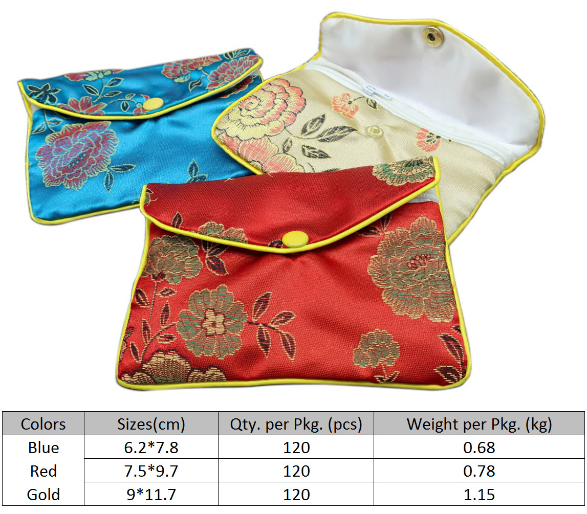 Custom Brocade Jewellery Pouches Silk Purses with Snap and Zipper, Stocked Sizes and Colors