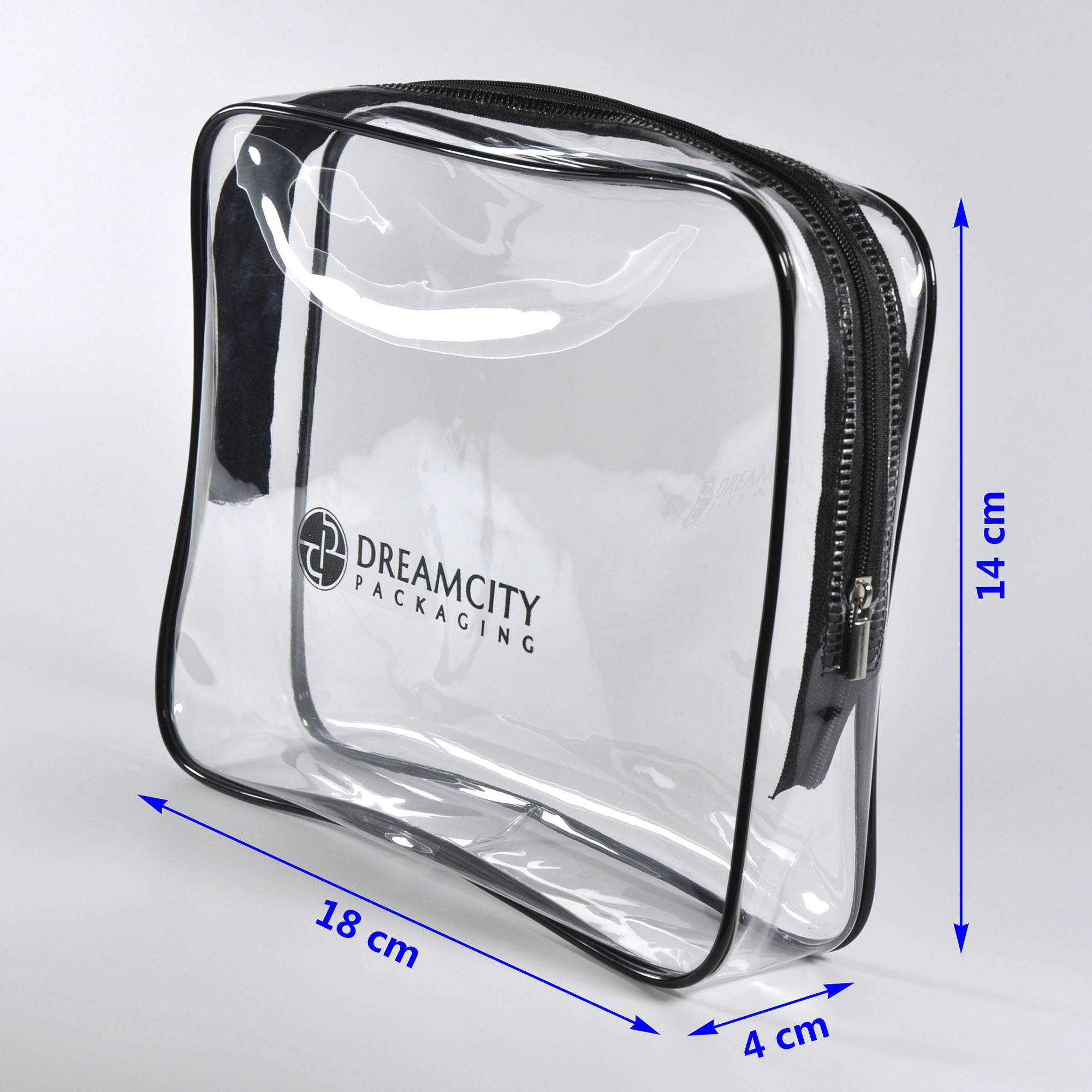Clear plastic travel toiletry bags with custom logo size diagram