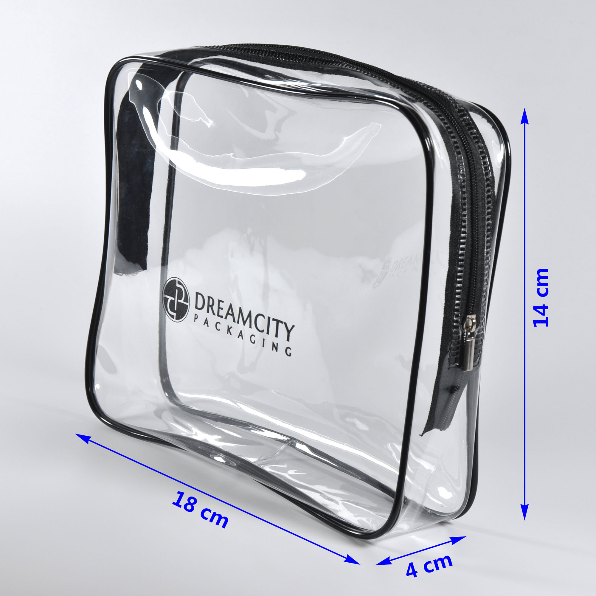 Schéma de taille de trousses de toilette de voyage en plastique transparent avec logo personnalisé