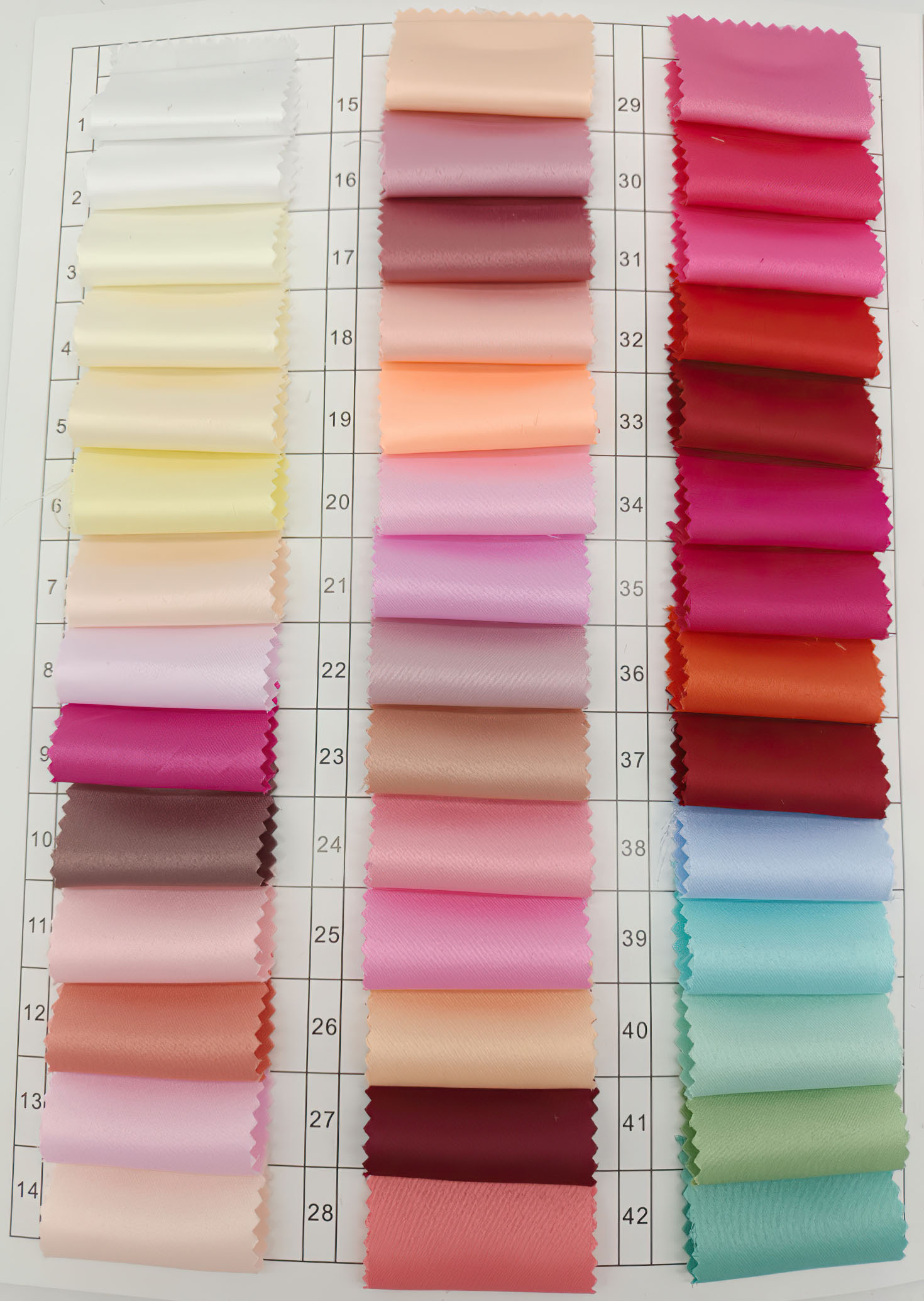 Matte satin fabric color chart