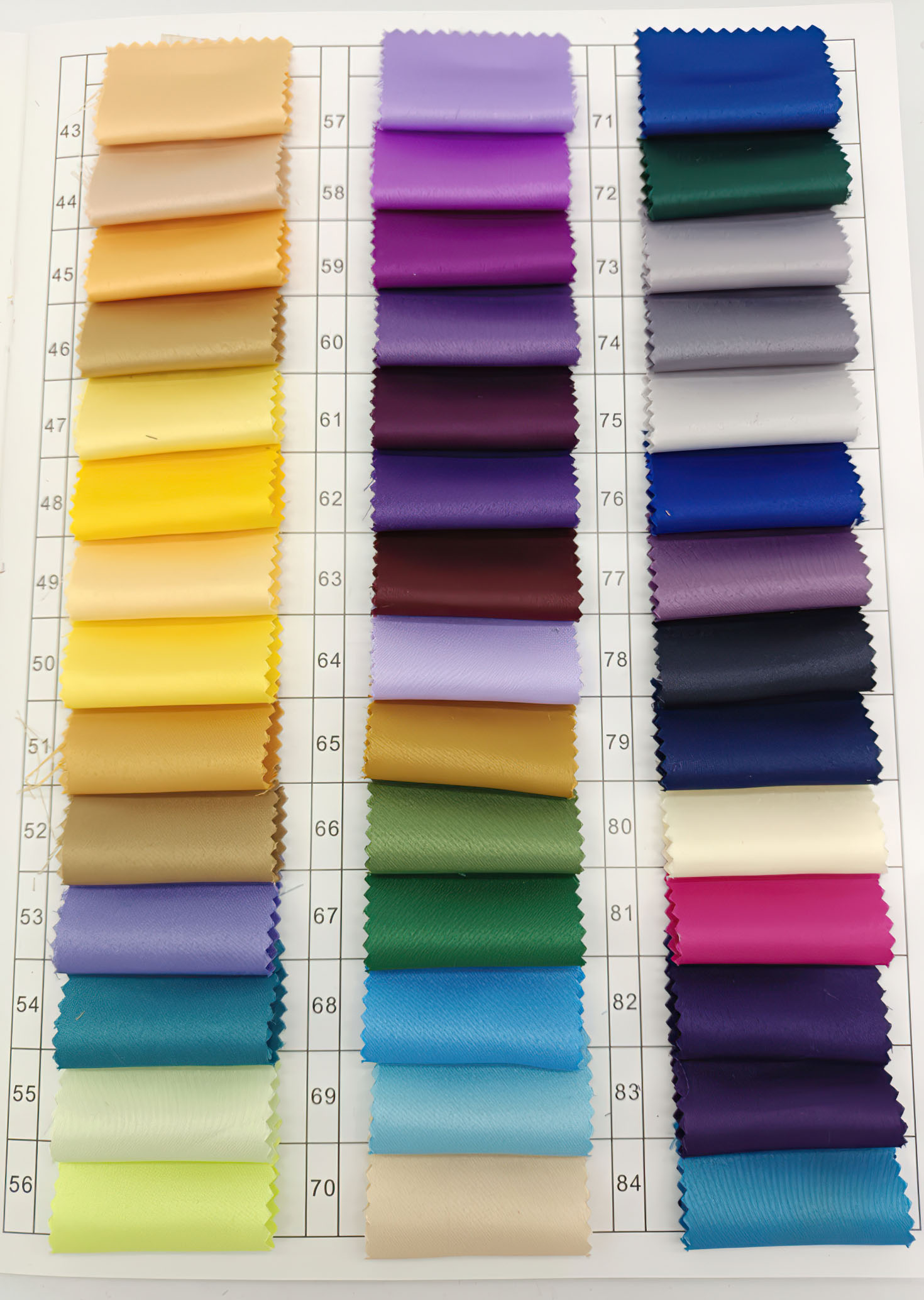 Matte satin fabric color chart