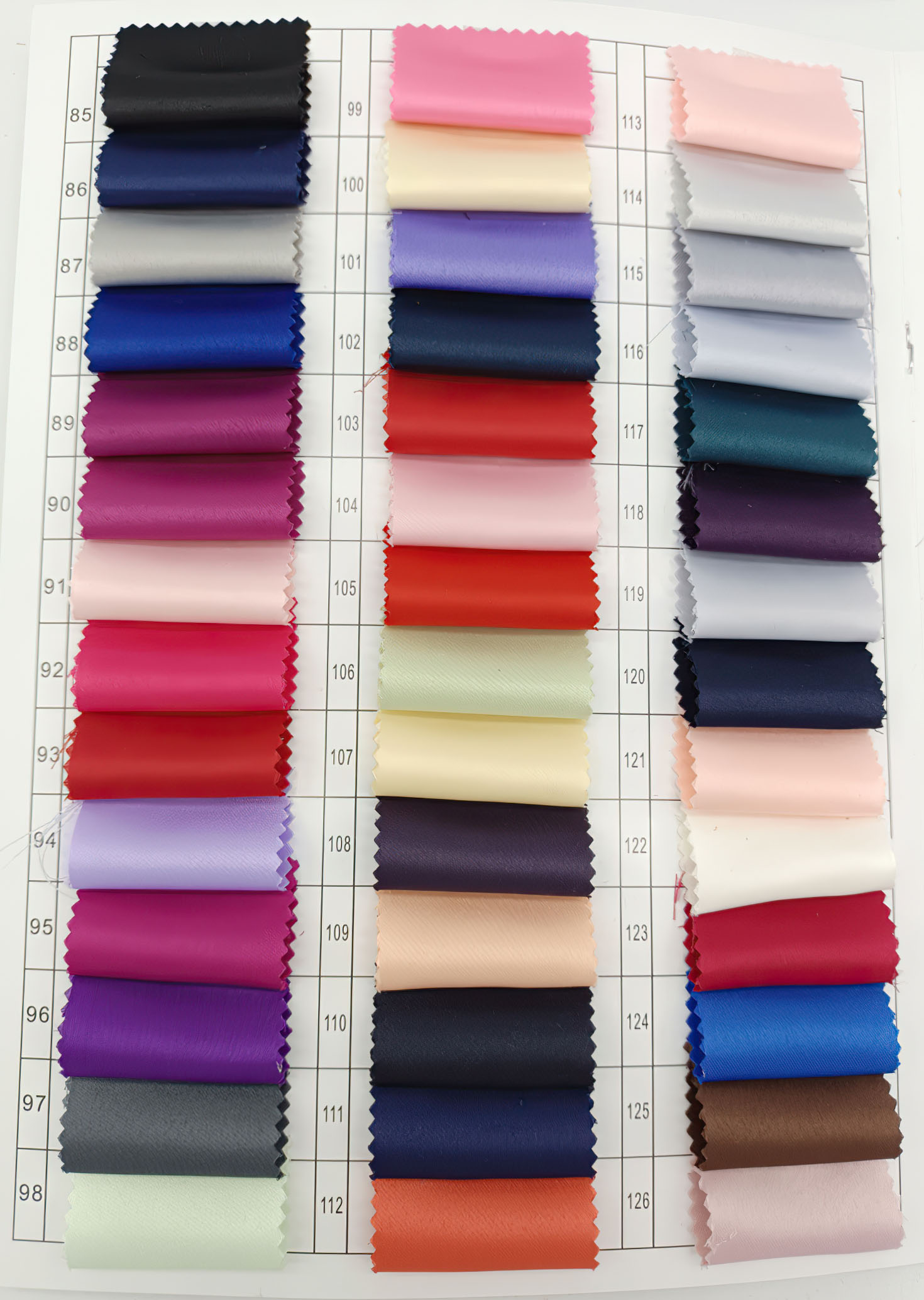 Matte satin fabric color chart