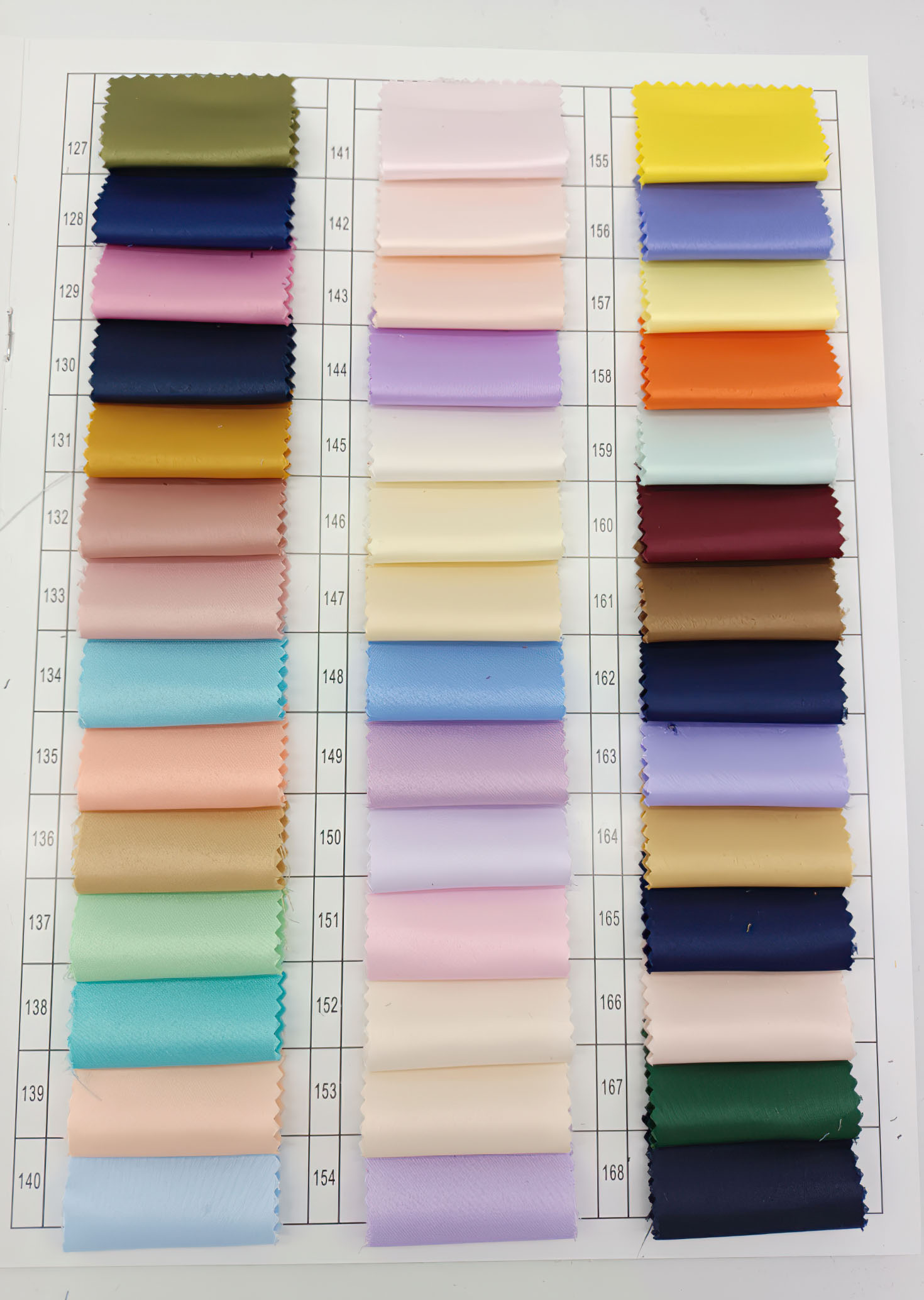 Matte satin fabric color chart