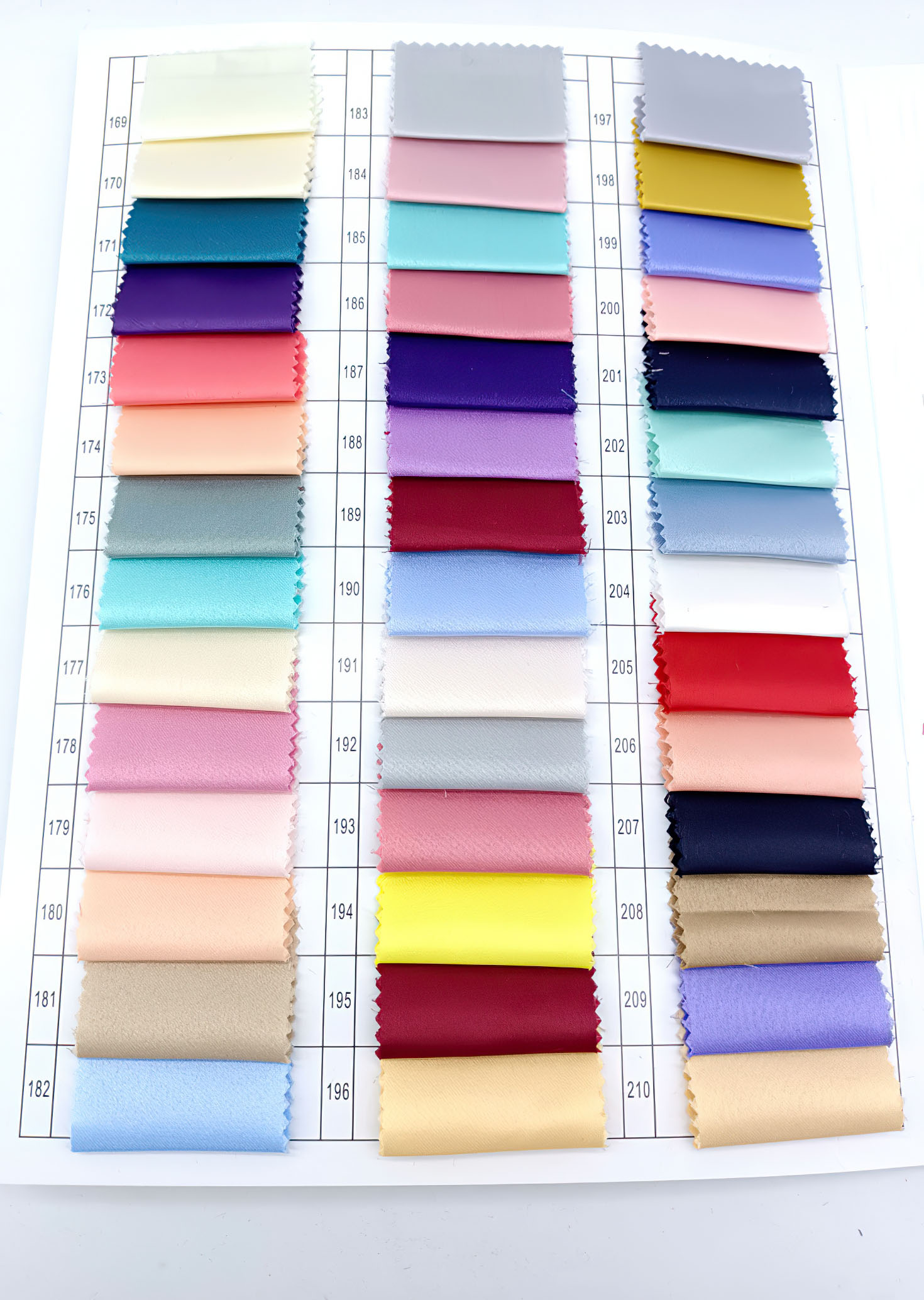 Matte satin fabric color chart