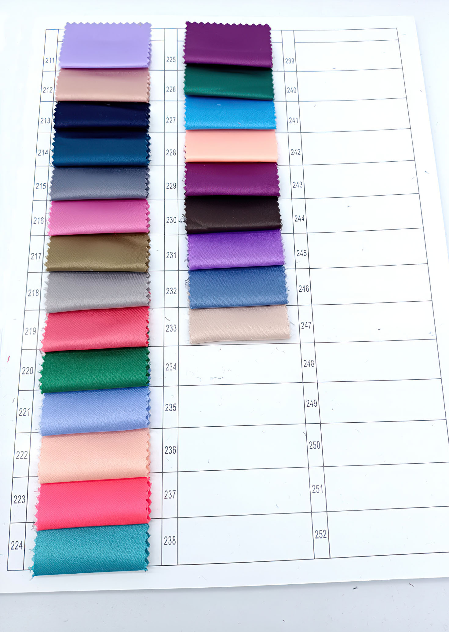 Matte satin fabric color chart
