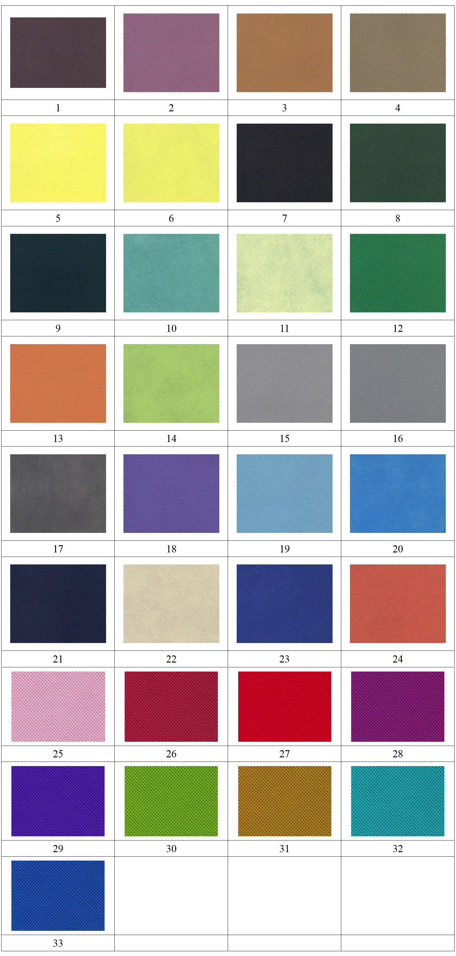 Chart de couleurs des tissus non tissés