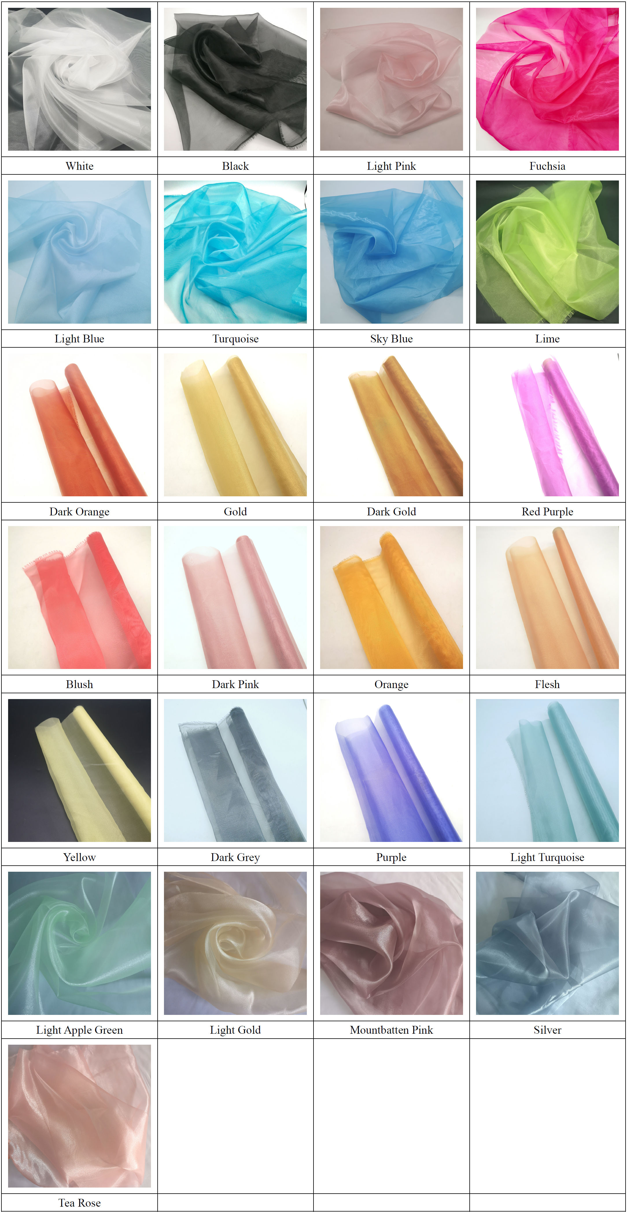 High-density organza fabric color chart