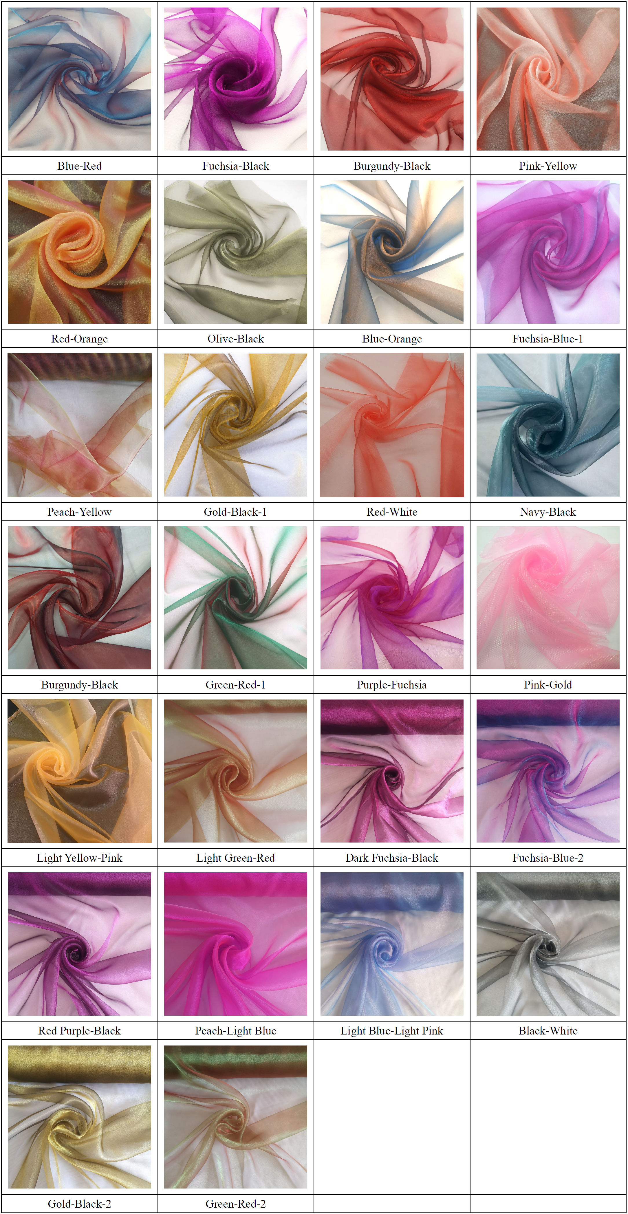 Two tone organza fabric color chart