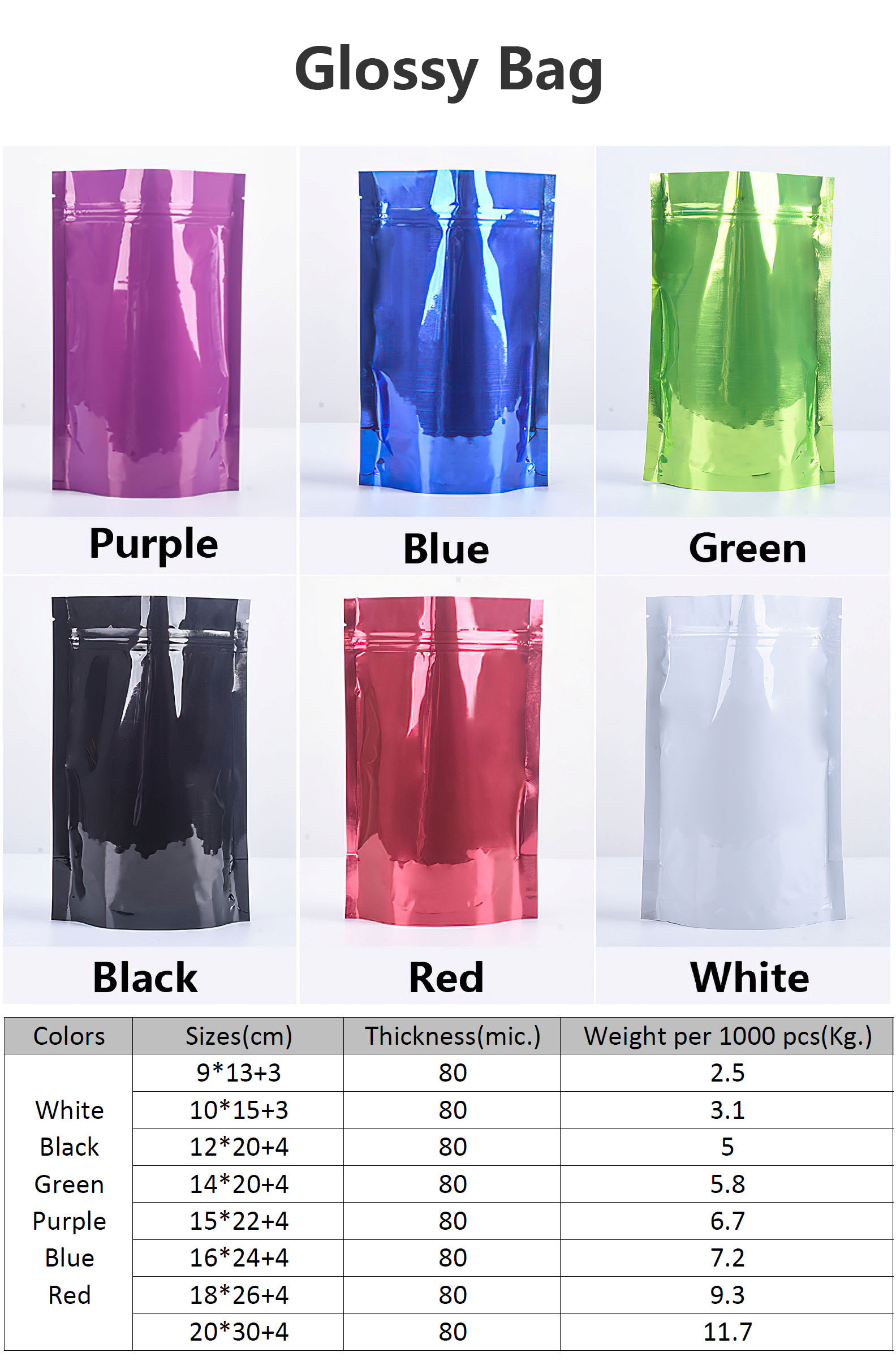 Stock sizes and colors for colorful aluminum foil stand up ziplock bags