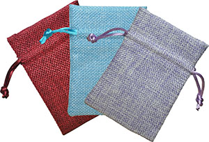 Faux jute drawstring bags in multiple colors.