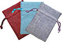 Custom size faux jute drawstring bags in multiple colors.