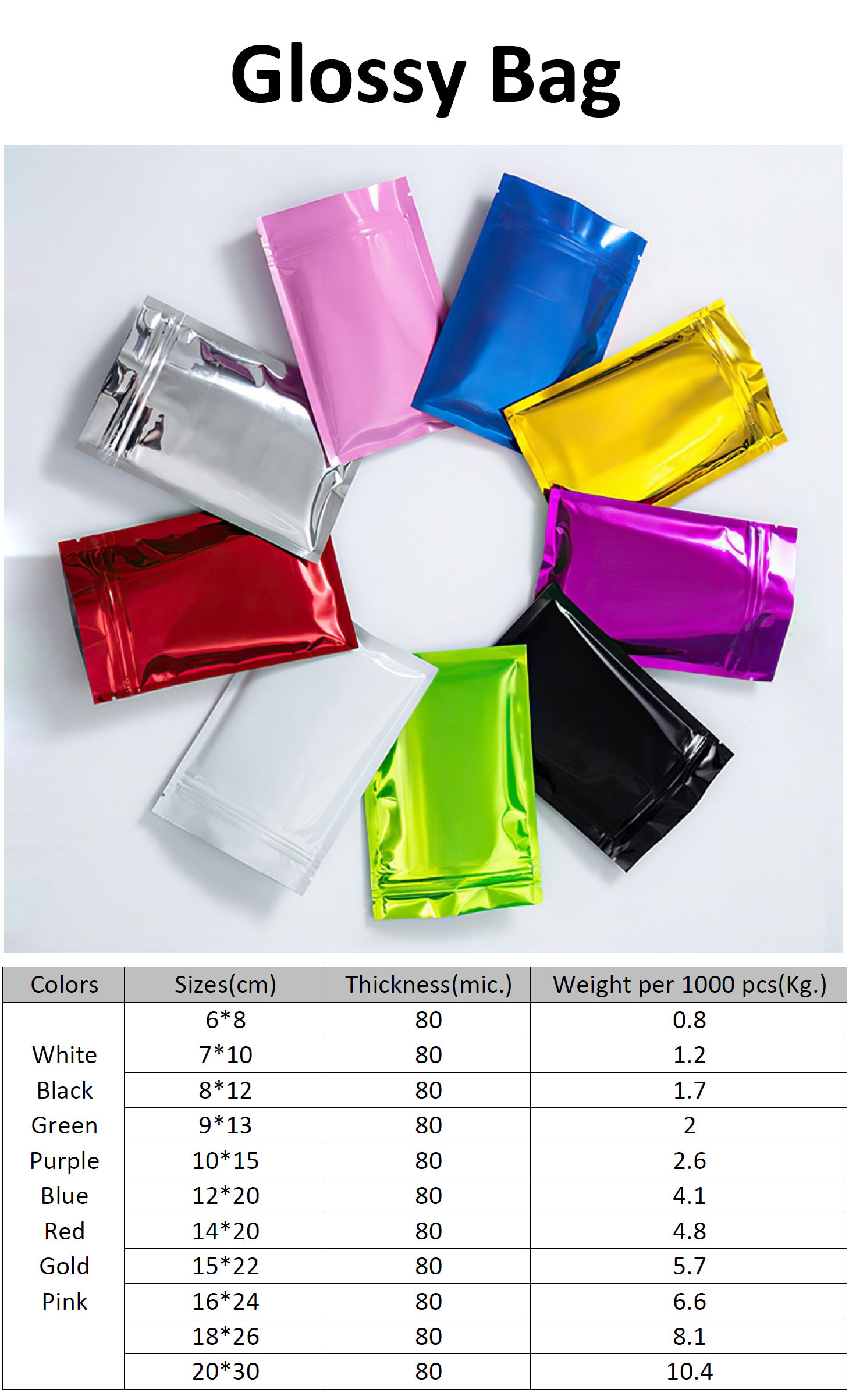 Stock sizes and colors for flat colorful aluminum foil ziplock bags