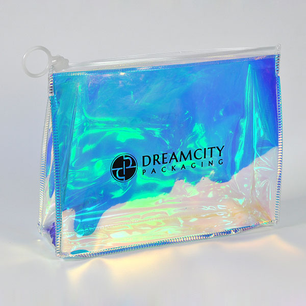 Gusseted Holographic Rainbow PVC Slider Bags for Travel Makeup with Custom Logo