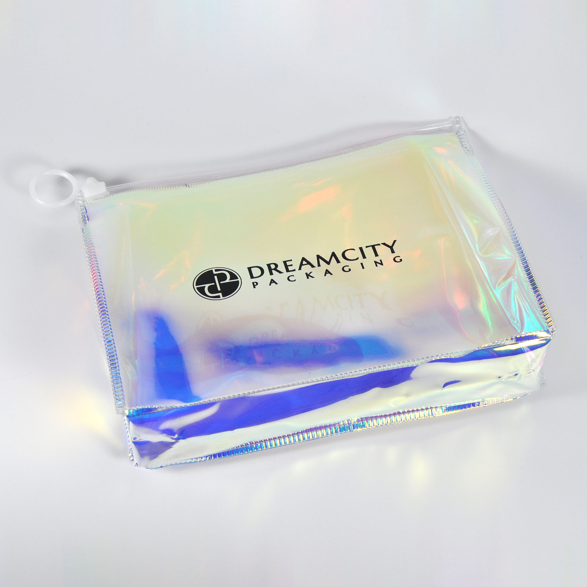 Gusseted Holographic Rainbow PVC Slider Bags for Travel Makeup with Custom Logo