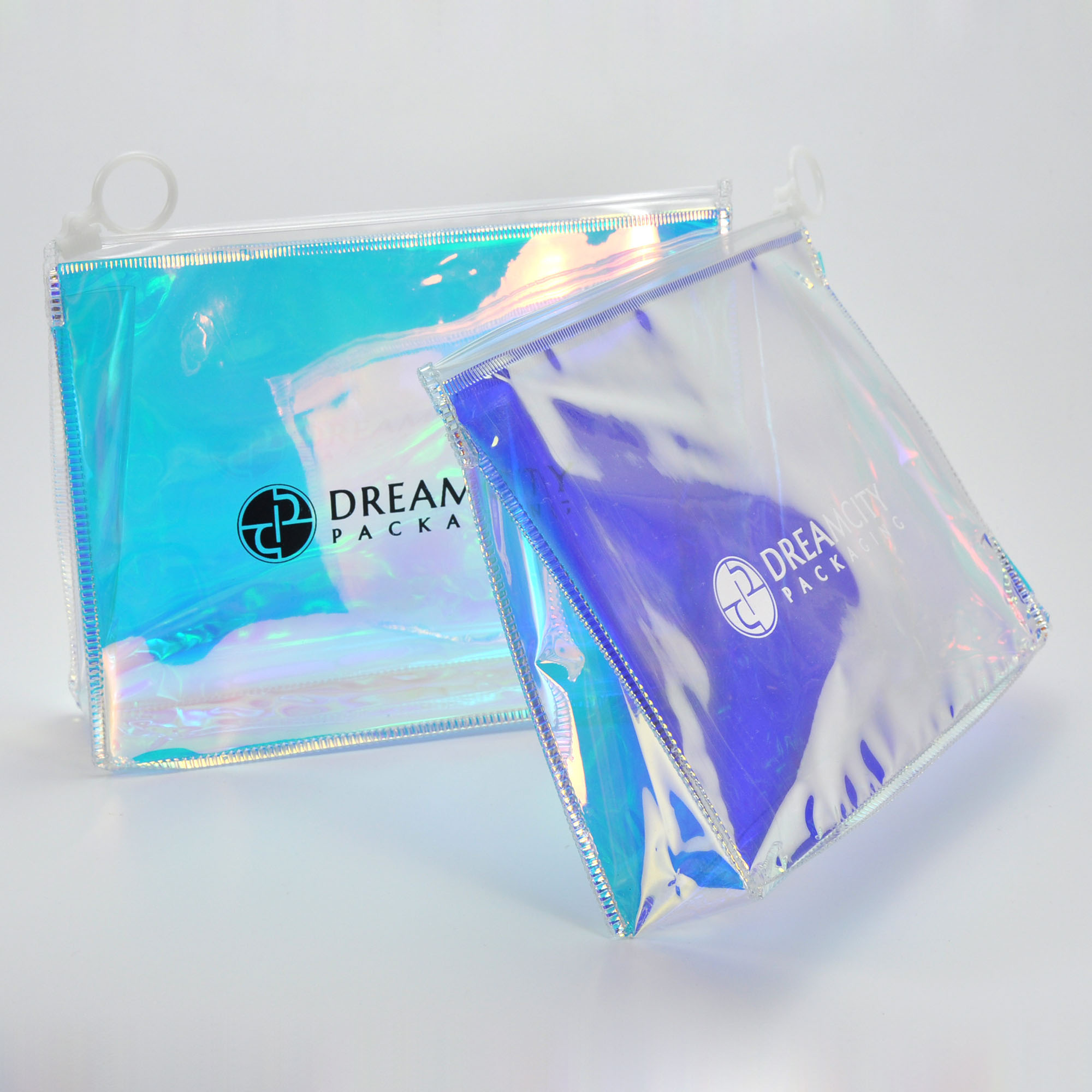 Gusseted Holographic Rainbow PVC Slider Bags for Travel Makeup with Custom Logo