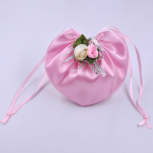 Heart Shaped Satin Wedding Favor Bags with Double Rosettes