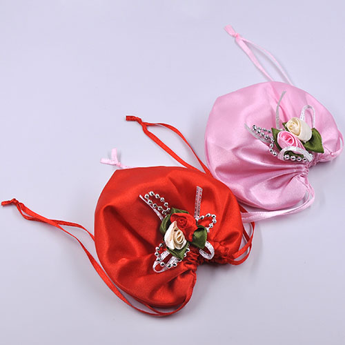 Heart Shaped Satin Wedding Favor Bags with Double Rosettes