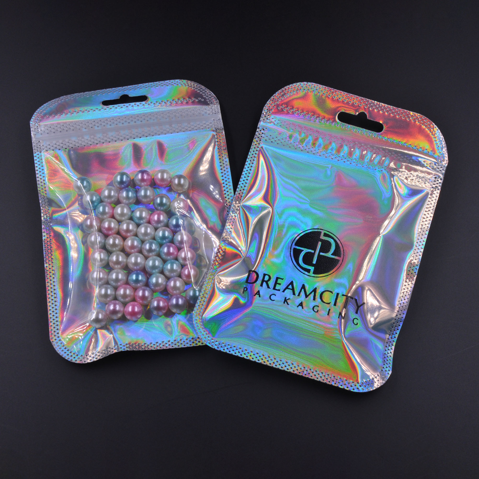 Bolsa de plástico holográfica para joyería con cierre con cremallera y papel de aluminio