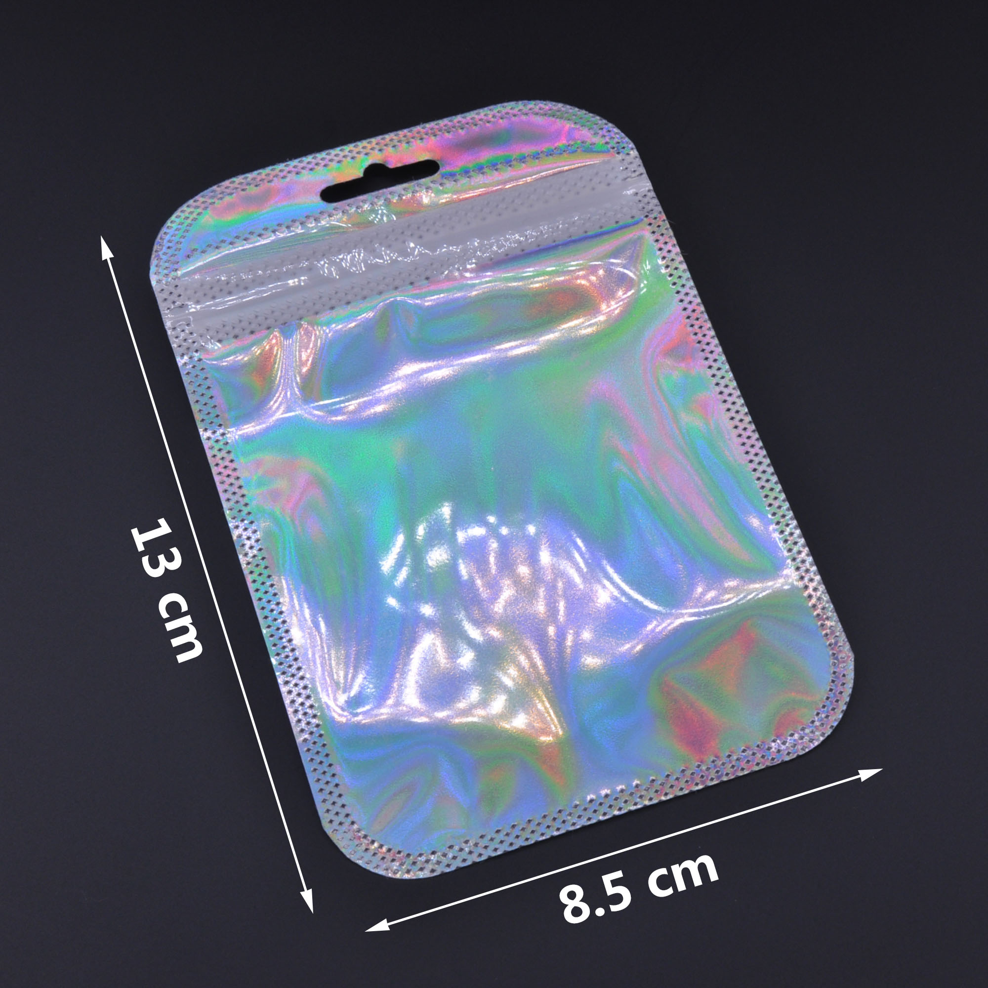 Bolsa de plástico holográfico para joias com fecho Ziplock e folha de alumínio, diagrama de tamanhos
