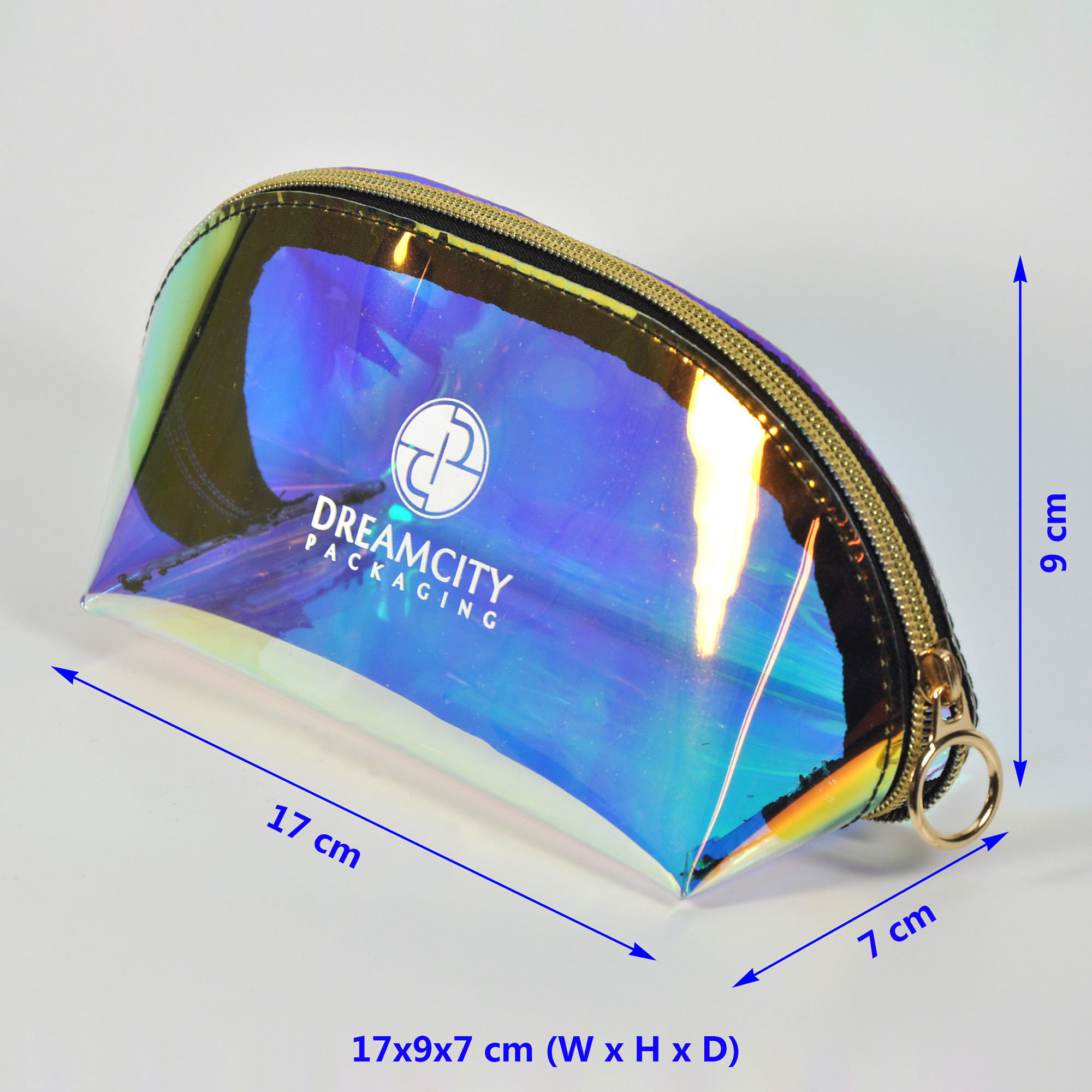 Iridescent rainbow PVC portable travel toiletry bag size diagram