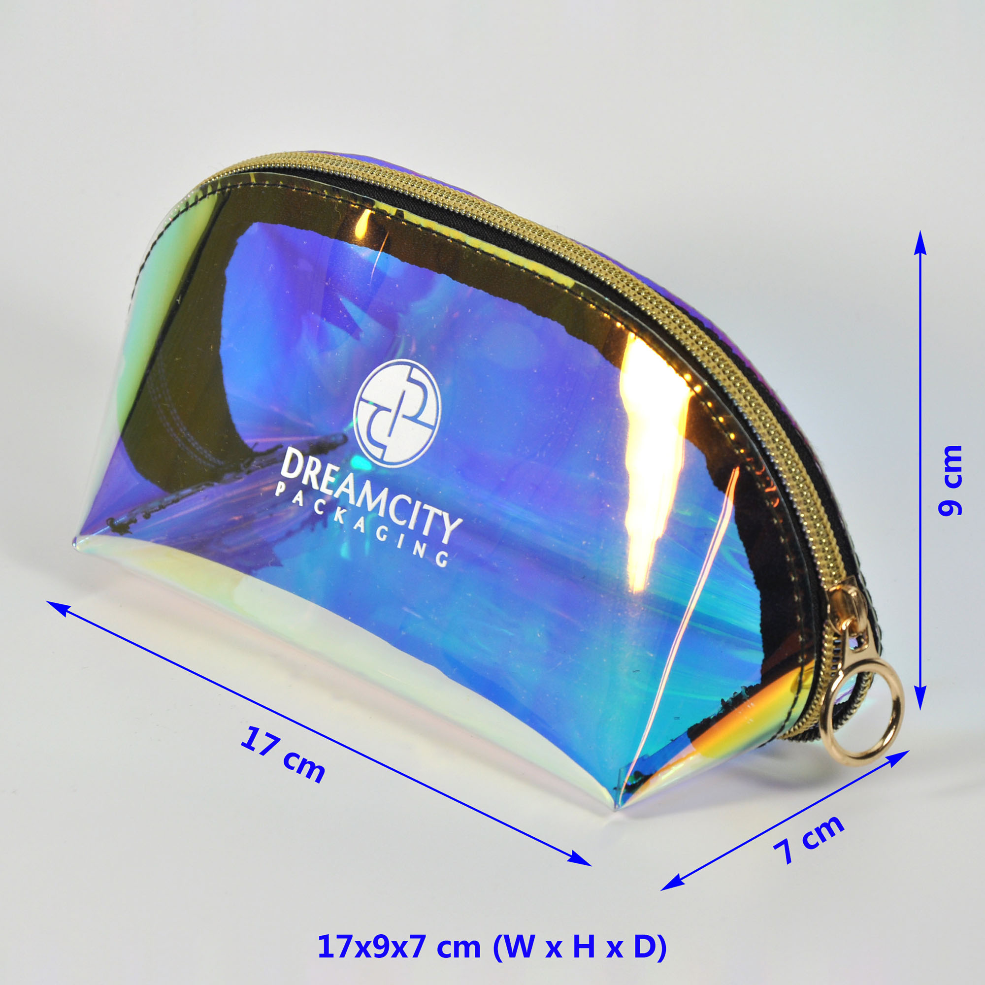 Diagramma delle dimensioni della borsa da toilette da viaggio portatile in PVC arcobaleno iridescente