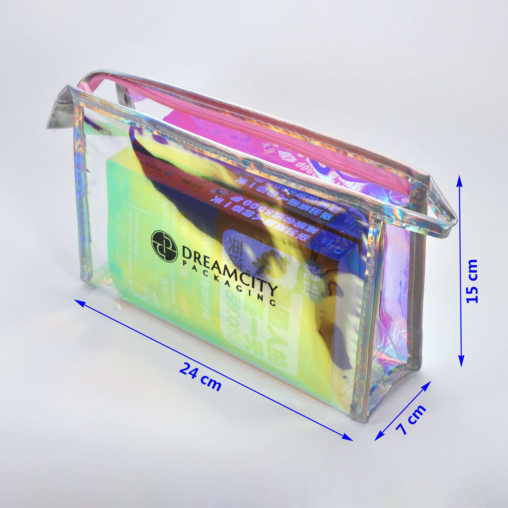 Iridescent rainbow TPU portable travel makeup bag size diagram