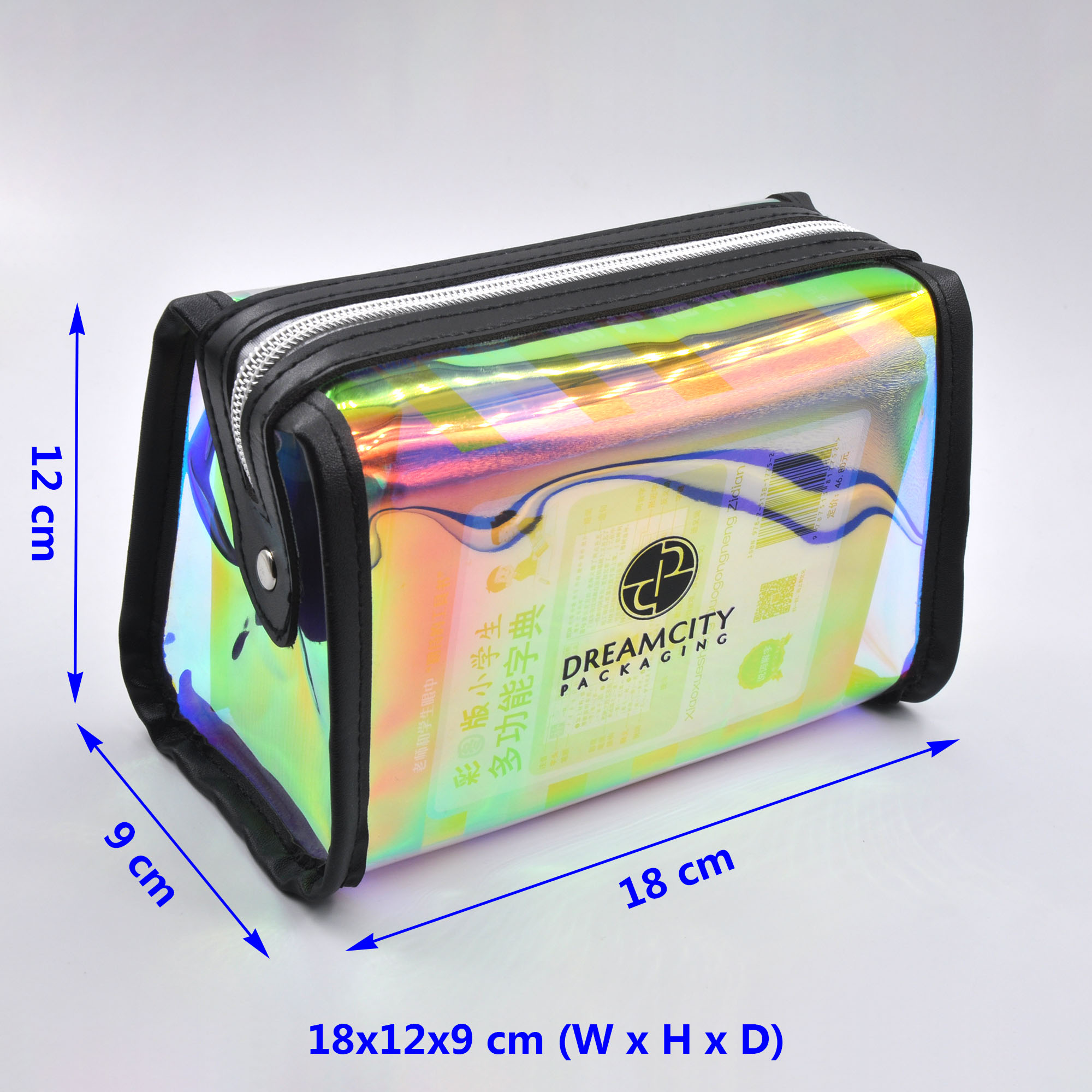 Iridescent rainbow TPU portable travel toiletry bag size diagram