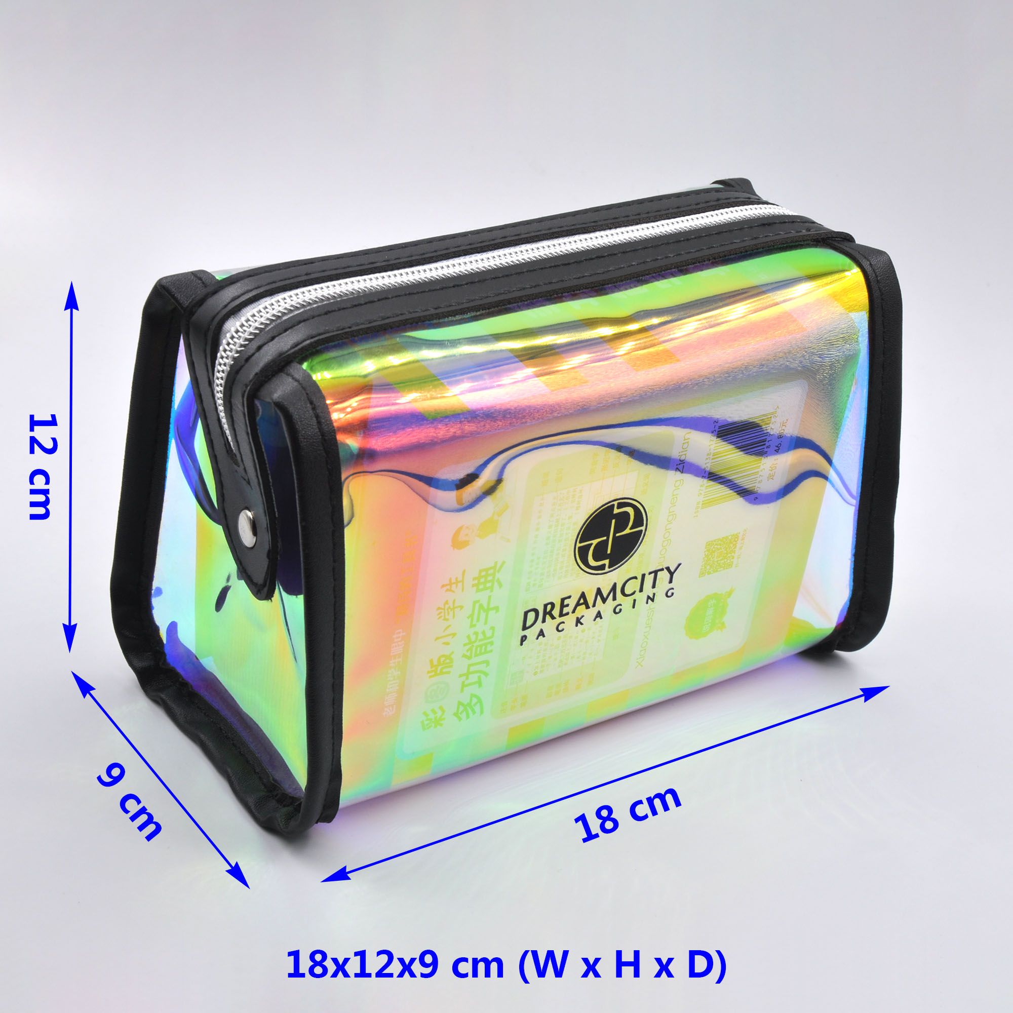 Schéma des tailles de la trousse de toilette de voyage portable en TPU arc-en-ciel irisé