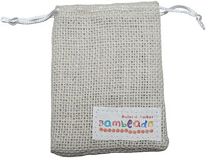 White jute drawstring bag with satin rattail drawstring. Size: 8.5cm x 11cm