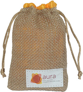 Jute drawstring bag with satin lining and custom label.