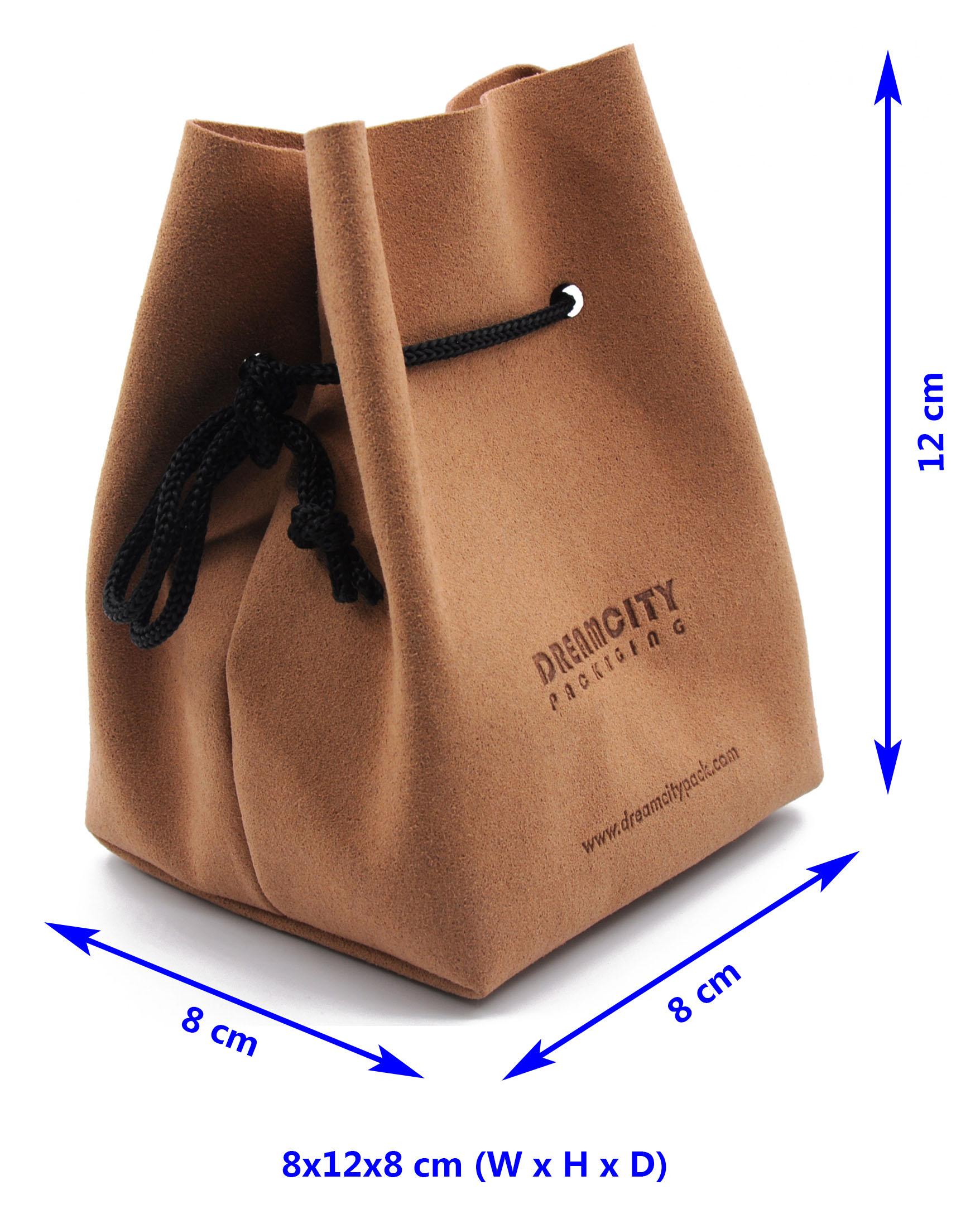 Sacs à cordon en cuir suédé gaufré personnalisés avec fond carré, diagramme des tailles.