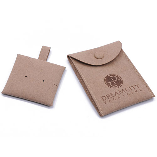 Saquinhos para joias de couro microfibra com reforço com botão de pressão e logotipo gravado
