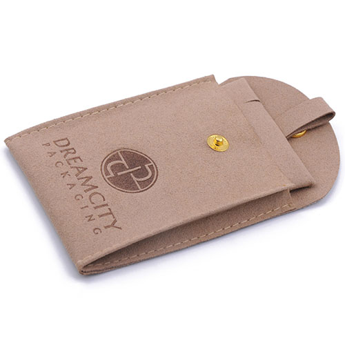 Microfiber Jewelry Pouch Gusseted Suede Leather Snap Bag with Custom Debossed Logo and Insert Pad