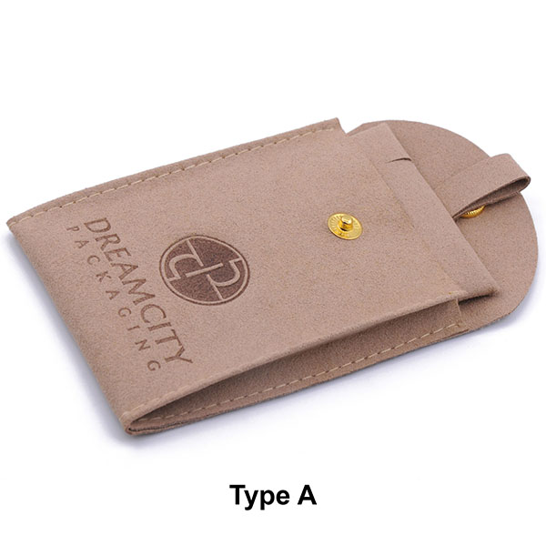 Microfiber Jewelry Pouch Gusseted Suede Leather Snap Bag with Custom Debossed Logo and Insert Pad