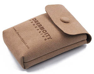 マイクロファイバージュエリーポーチ、スナップボタンとロゴが刻印されたマチスエードレザーバッグ