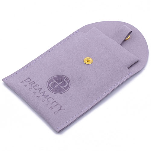 Microfiber Leather Jewelry Pouch with Snap Button and Debossed Logo, with Insert Pad.