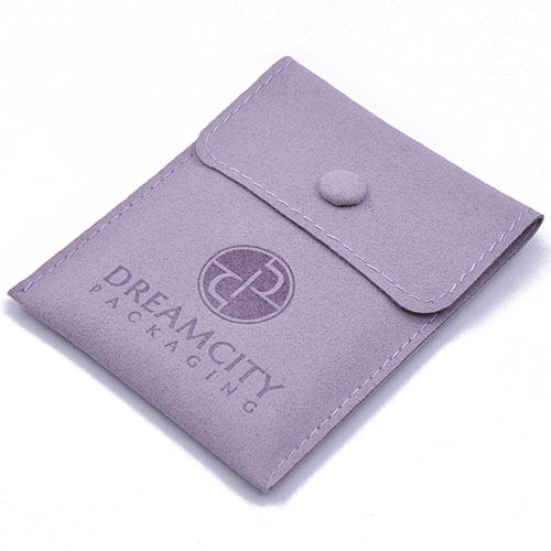 Bolsa para joyas de cuero de microfibra con botón a presión y logotipo grabado