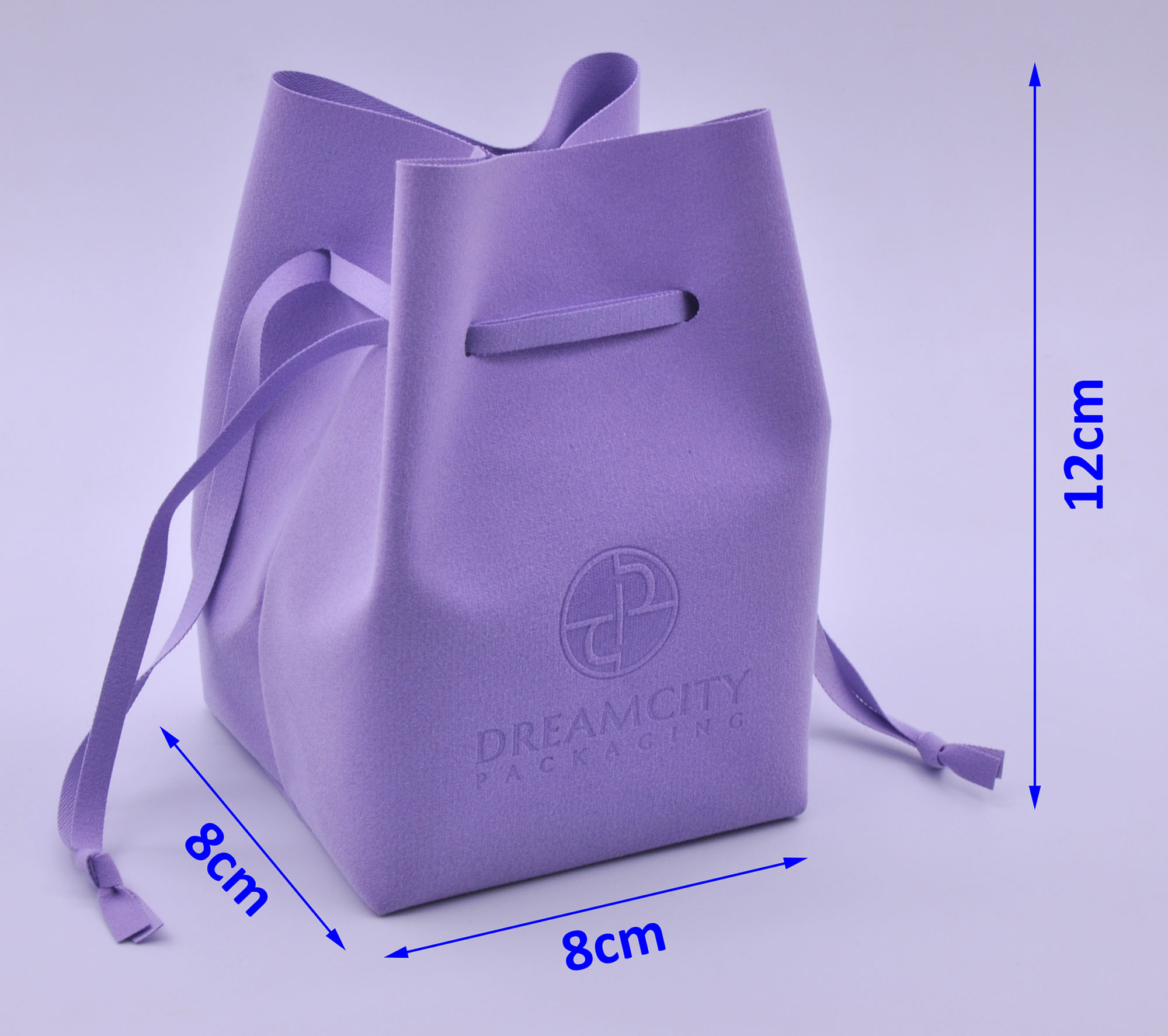 Microfiber Leather Pouch for Perfume and Wine Bottles with Square Bottom, Size Diagram.