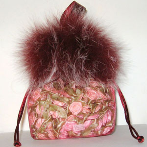 Organza Gift Packaging Bag with Feather Trim and Satin Handle Burgundy