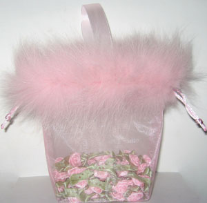 Organza Gift Packaging Bag with Feather Trim and Satin Handle Pink