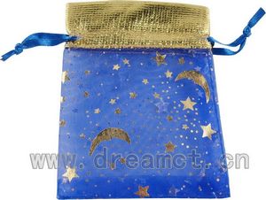 Organza Drawstring Bags with Golden Top and Hot-stamping Blue