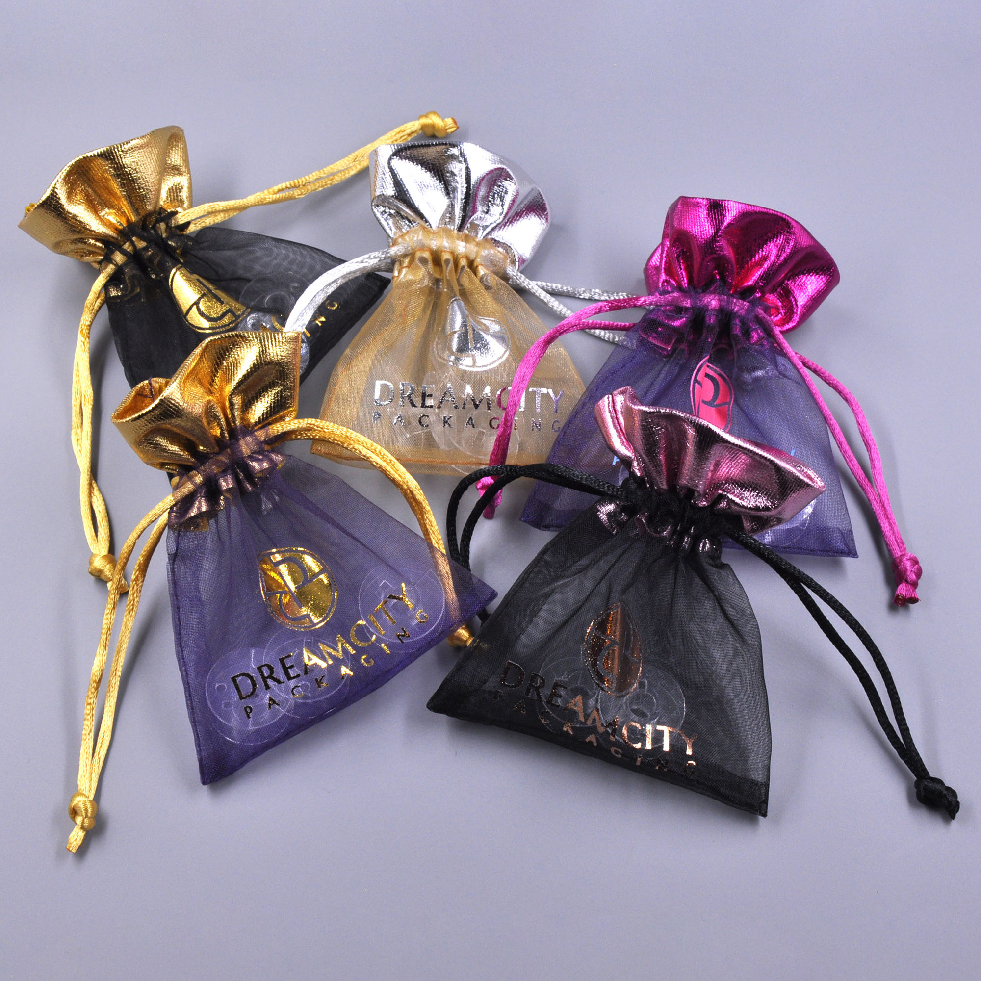 Organza Jewelry Pouch with Metallic Top and Logo