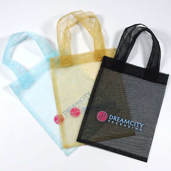 Borse shopper in organza personalizzabili con logo per confezioni regalo